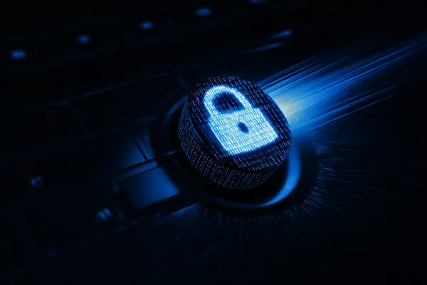 Um laptop brilhando com uma tela de login em um ambiente minimalista, simbolizando o sistema de acesso protegido do 63V.